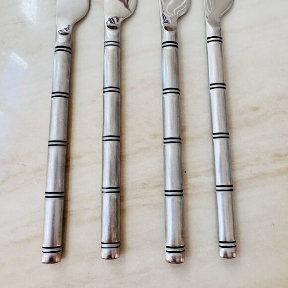 4pc Pier 1 Steak Knife 9” 18/8 Stainless Serrated Satin Ribbed/Bamboo Handle - Picture 5 of 8